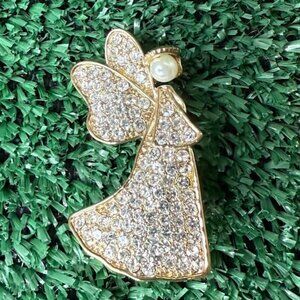 Guardian Angel Gold Tone Brooch Pin with Rhinestones & Faux Pearl Head Vintage